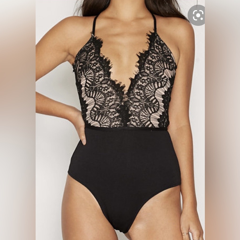 Black Lace Plunge V Bodysuit